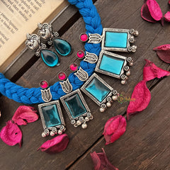 Vriksham Ocean Mirror Box Pendant-Blue Glass Statement On Oxidized Silver Neckpiece-S934