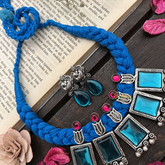 Vriksham Ocean Mirror Box Pendant-Blue Glass Statement On Oxidized Silver Neckpiece-S934