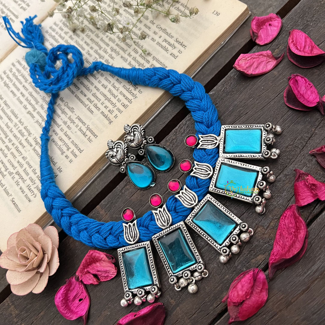 Vriksham Ocean Mirror Box Pendant-Blue Glass Statement On Oxidized Silver Neckpiece-S934