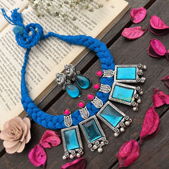 Vriksham Ocean Mirror Box Pendant-Blue Glass Statement On Oxidized Silver Neckpiece-S934