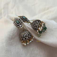 Aqua Green Victorian Diamond Jhumkas-Pearls & Beads-VV1594