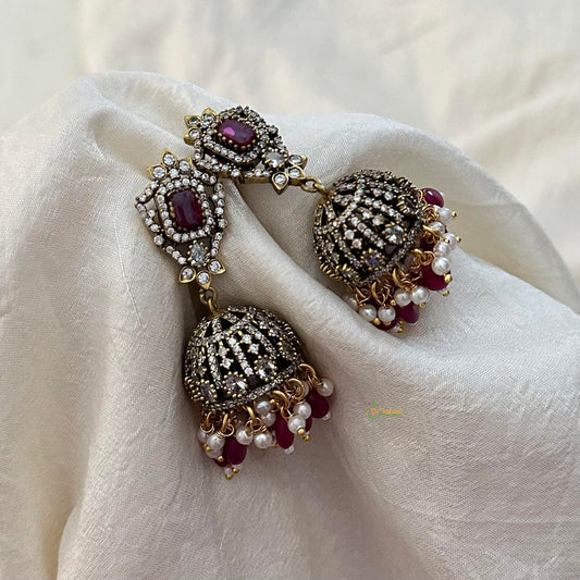 Red Victorian Diamond Jhumkas-Pearls & Beads-VV1596