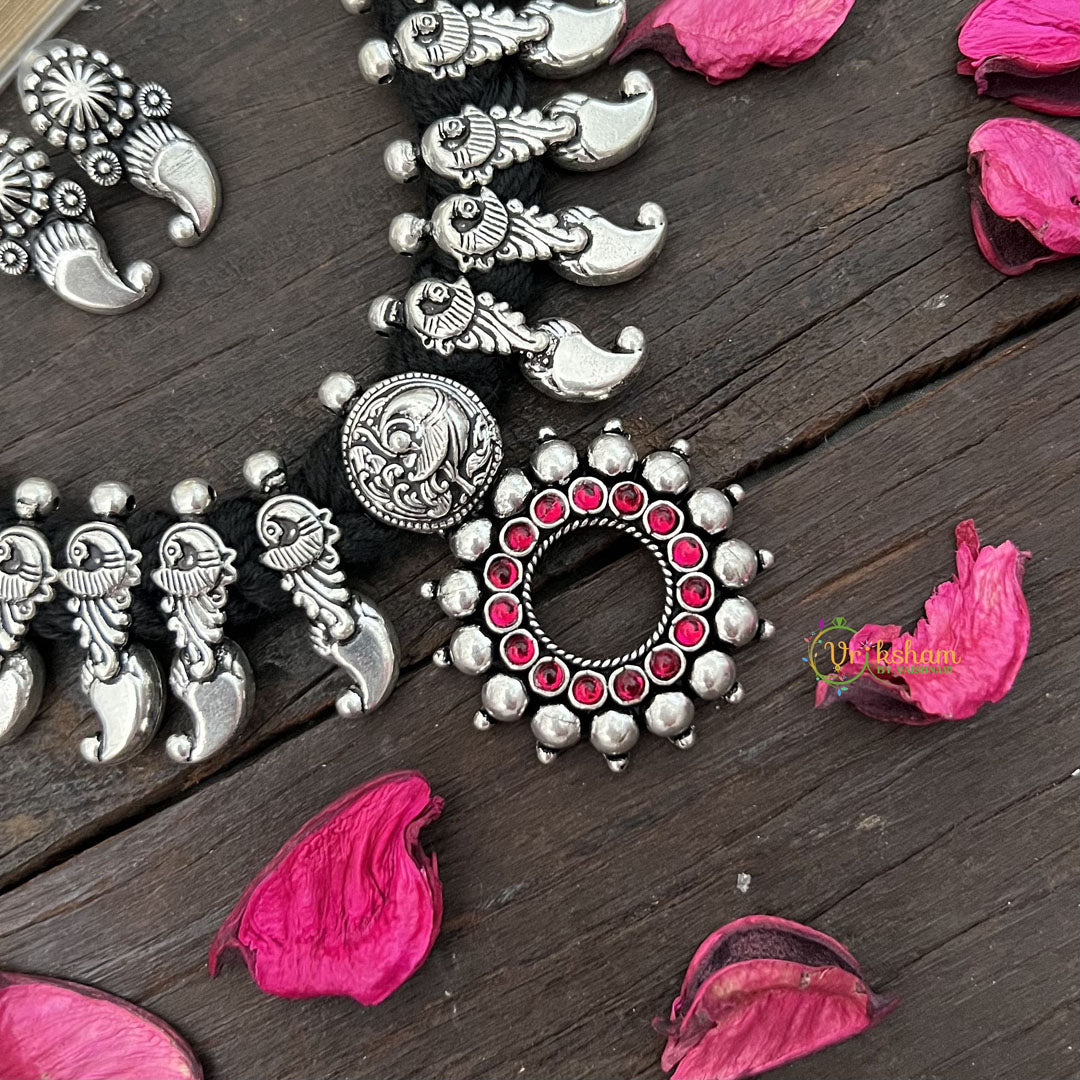 Vriksham Oxidized Silver Parrot Charm With Pink Stone Sunburst Pendant Neckpiece-Red-S937