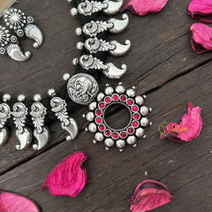 Vriksham Oxidized Silver Parrot Charm With Pink Stone Sunburst Pendant Neckpiece-Red-S937