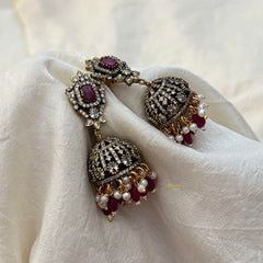 Red Victorian Diamond Jhumkas-Pearls & Beads-VV1596