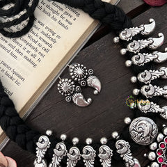 Vriksham Oxidized Silver Parrot Charm With Pink Stone Sunburst Pendant Neckpiece-Red-S937