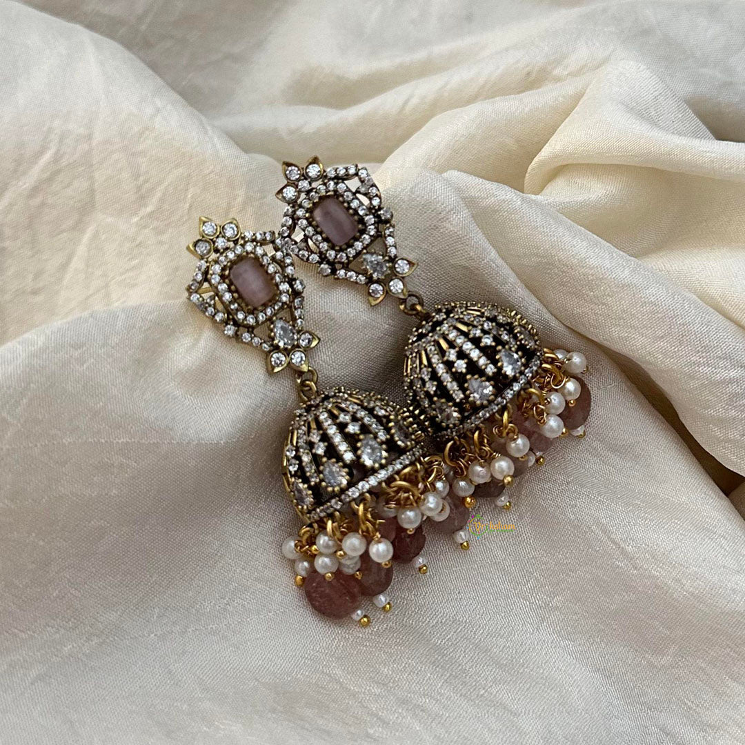 Pastel Pink Victorian Diamond Jhumkas-Pearls & Beads-VV1595