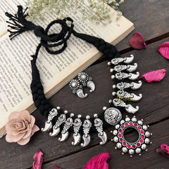 Vriksham Oxidized Silver Parrot Charm With Pink Stone Sunburst Pendant Neckpiece-Red-S937