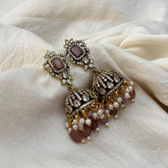 Pastel Pink Victorian Diamond Jhumkas-Pearls & Beads-VV1595