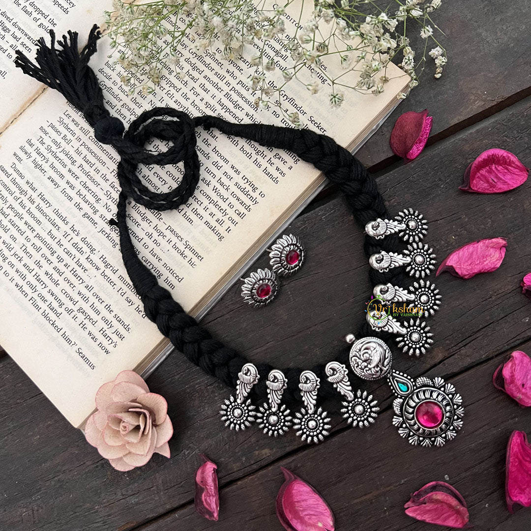 Vriksham Oxidized Silver Parrot Motif & Black Beaded Neckpiece-Red Green-S945