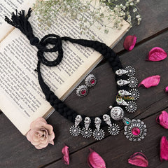 Vriksham Oxidized Silver Parrot Motif & Black Beaded Neckpiece-Red Green-S945