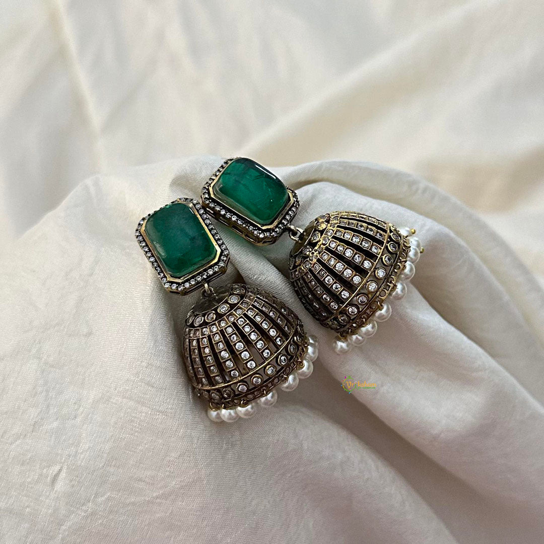 Emerald Green Victorian Diamond Jhumkas-Rectangle-Pearls-VV1597