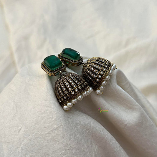 Emerald Green Victorian Diamond Jhumkas-Rectangle-Pearls-VV1597