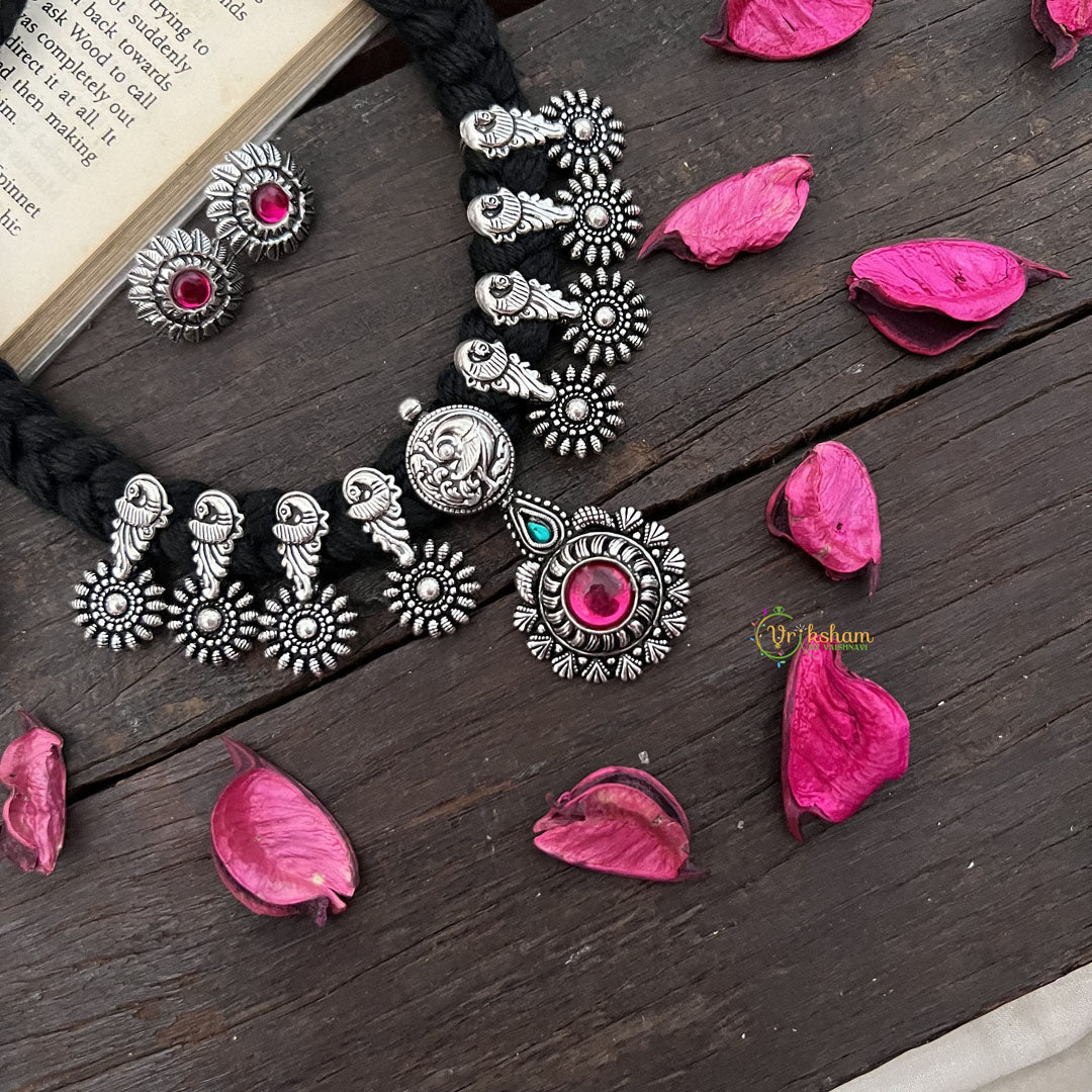 Vriksham Oxidized Silver Parrot Motif & Black Beaded Neckpiece-Red Green-S945