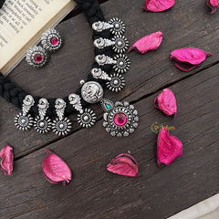 Vriksham Oxidized Silver Parrot Motif & Black Beaded Neckpiece-Red Green-S945