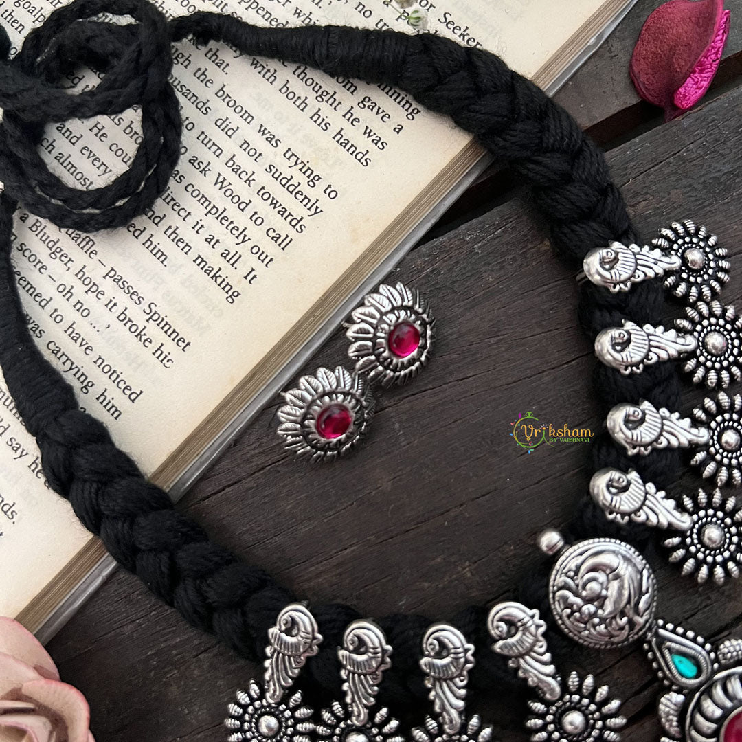 Vriksham Oxidized Silver Parrot Motif & Black Beaded Neckpiece-Red Green-S945