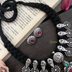 Vriksham Oxidized Silver Parrot Motif & Black Beaded Neckpiece-Red Green-S945