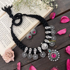 Vriksham Oxidized Silver Parrot Motif & Black Beaded Neckpiece-Red Green-S945