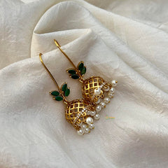 Simple Green AD Stone Hook Jhumkas-Leaf-Pearls-G12560