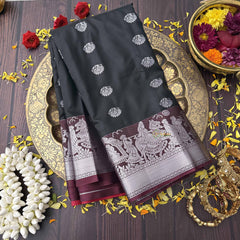 Vriksham Majestic Black Color With Silver Zari Palakku Border Kanchi Silk Saree-VS4743