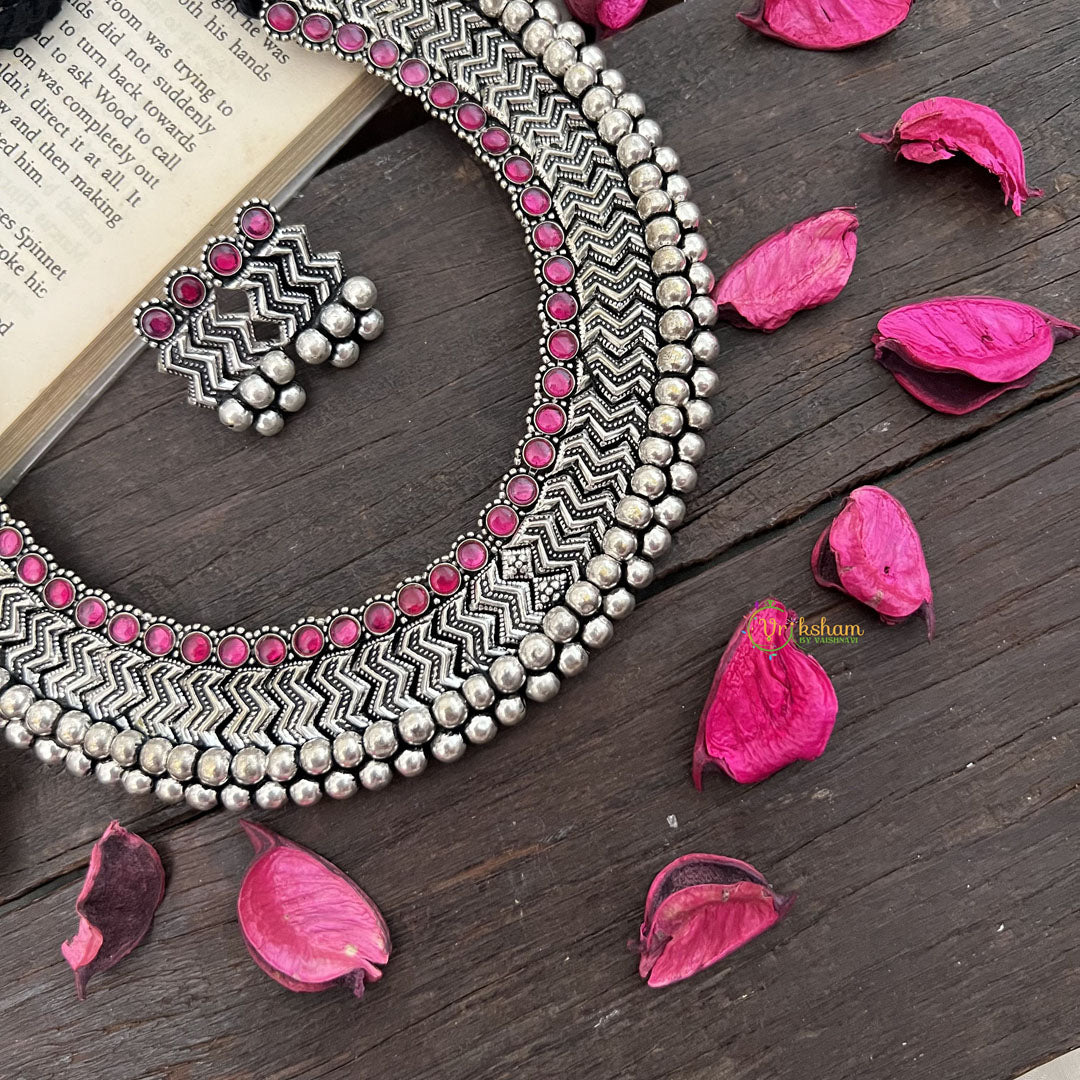 Vriksham Boho Glam Oxidized Silver Choker Oxidized Silver Neckpiece-Red-S936