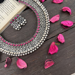 Vriksham Boho Glam Oxidized Silver Choker Oxidized Silver Neckpiece-Red-S936