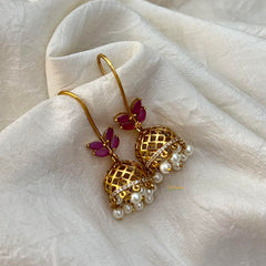 Simple Red AD Stone Hook Jhumkas-Leaf-Pearls-G12561