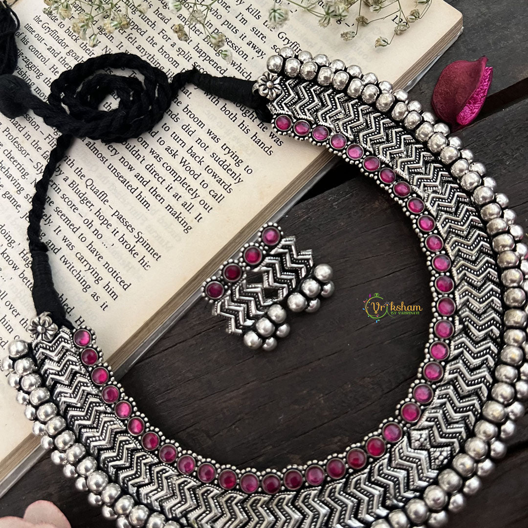 Vriksham Boho Glam Oxidized Silver Choker Oxidized Silver Neckpiece-Red-S936
