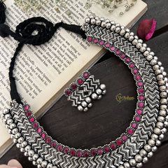 Vriksham Boho Glam Oxidized Silver Choker Oxidized Silver Neckpiece-Red-S936