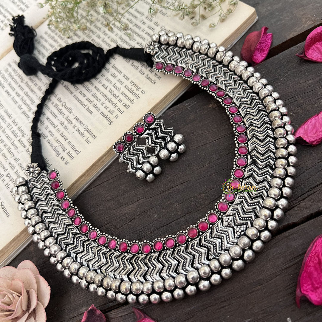 Vriksham Boho Glam Oxidized Silver Choker Oxidized Silver Neckpiece-Red-S936