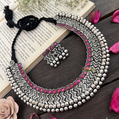 Vriksham Boho Glam Oxidized Silver Choker Oxidized Silver Neckpiece-Red-S936