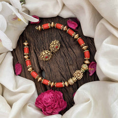 Vriksham Coral Gold Blossom Look Alike Floral Pendant Coral Bead Neckpiece-G20636