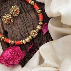 Vriksham Coral Gold Blossom Look Alike Floral Pendant Coral Bead Neckpiece-G20636