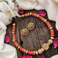 Vriksham Coral Gold Blossom Look Alike Floral Pendant Coral Bead Neckpiece-G20636