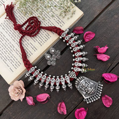 Vriksham Goddess Lakshmi Oxidized Silver Temple With Maroon Thread Neckpiece-S947