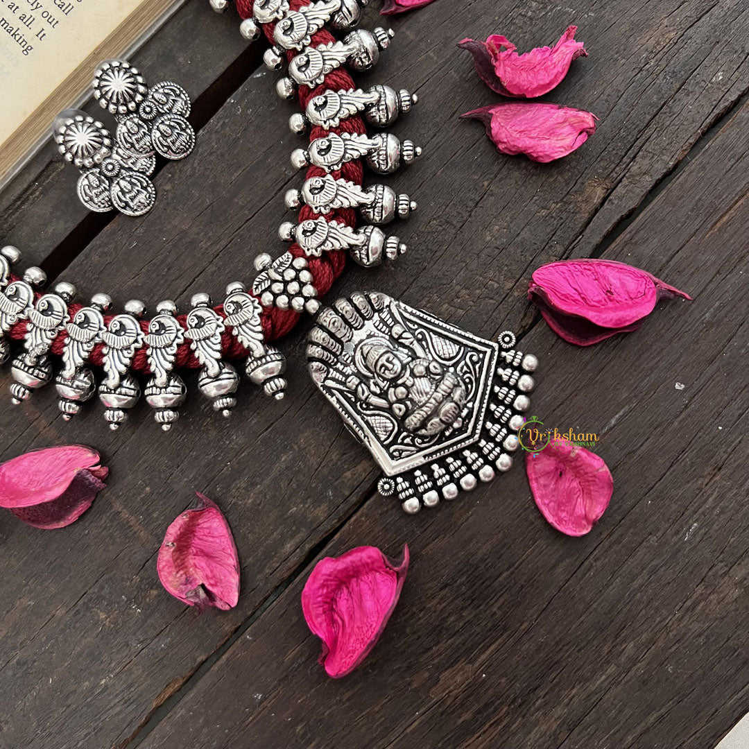 Vriksham Goddess Lakshmi Oxidized Silver Temple With Maroon Thread Neckpiece-S947