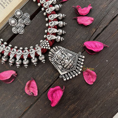 Vriksham Goddess Lakshmi Oxidized Silver Temple With Maroon Thread Neckpiece-S947