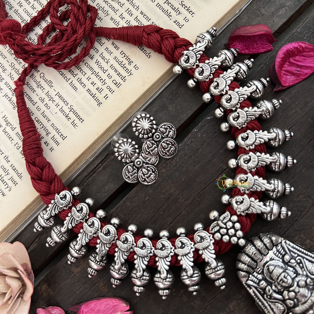 Vriksham Goddess Lakshmi Oxidized Silver Temple With Maroon Thread Neckpiece-S947