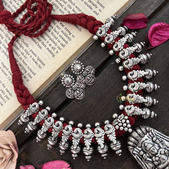 Vriksham Goddess Lakshmi Oxidized Silver Temple With Maroon Thread Neckpiece-S947