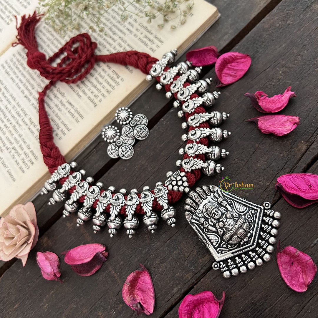 Vriksham Goddess Lakshmi Oxidized Silver Temple With Maroon Thread Neckpiece-S947