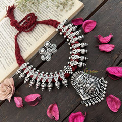 Vriksham Goddess Lakshmi Oxidized Silver Temple With Maroon Thread Neckpiece-S947
