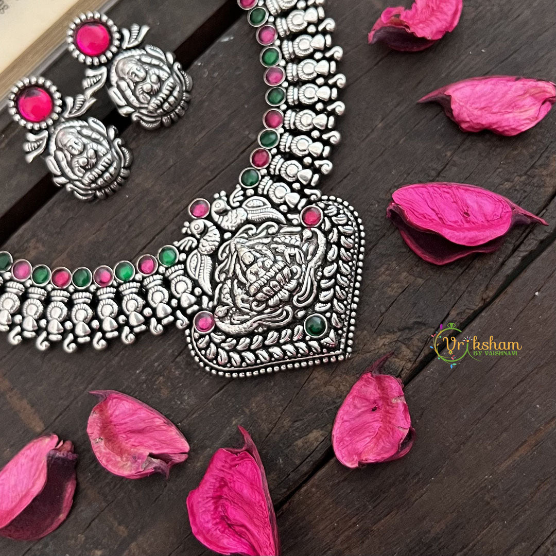 Vriksham Elegant Peacock & Lakshmi Oxidized Silver Temple With Black Thread Neckpiece-S948
