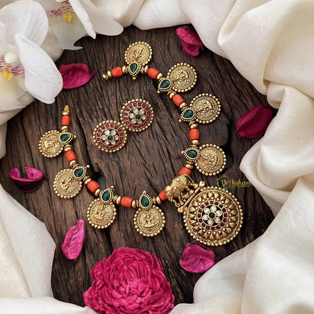 Vriksham Gajalakshmi Temple Coin Coral Bead Neckpiece-G20638