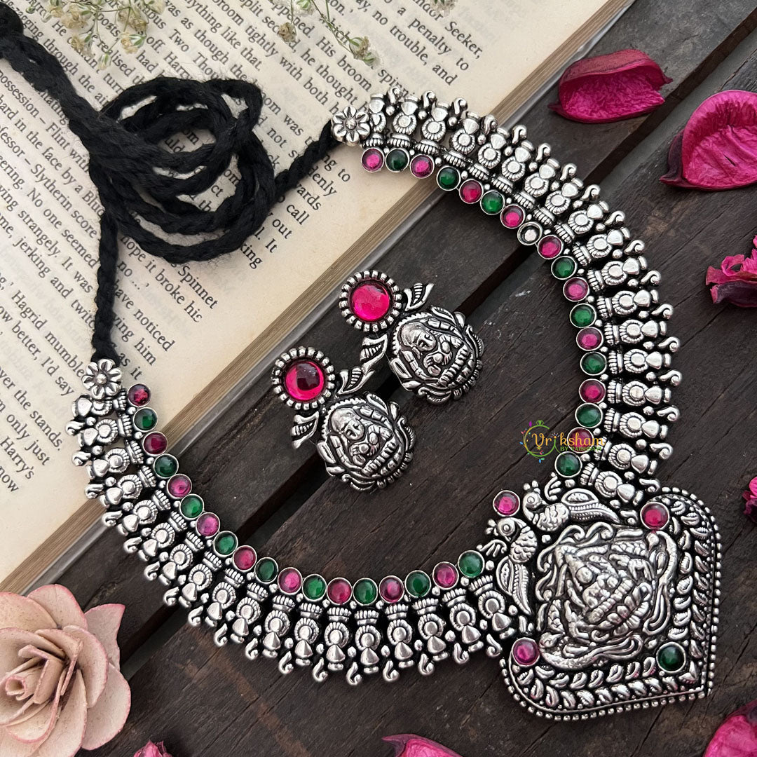 Vriksham Elegant Peacock & Lakshmi Oxidized Silver Temple With Black Thread Neckpiece-S948