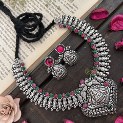Vriksham Elegant Peacock & Lakshmi Oxidized Silver Temple With Black Thread Neckpiece-S948