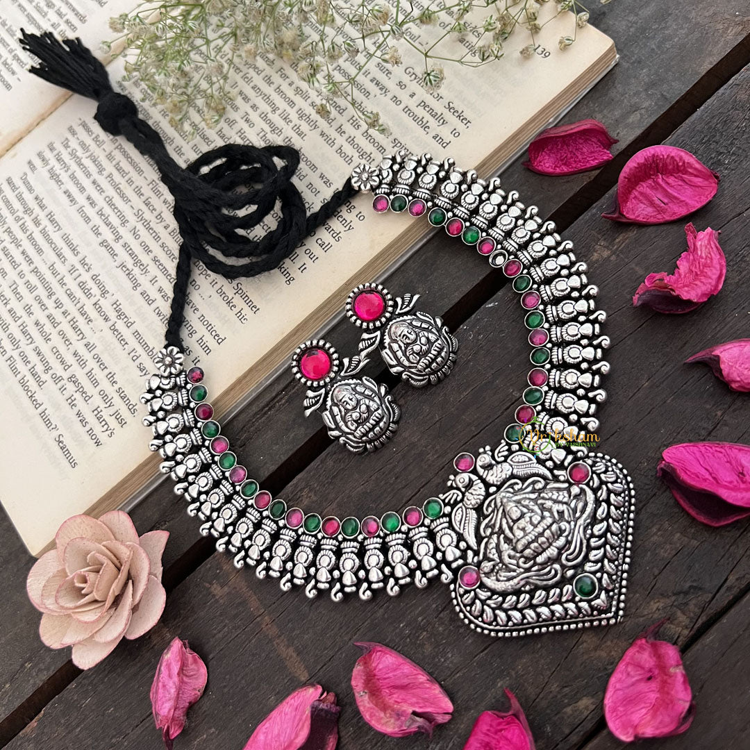Vriksham Elegant Peacock & Lakshmi Oxidized Silver Temple With Black Thread Neckpiece-S948