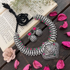 Vriksham Elegant Peacock & Lakshmi Oxidized Silver Temple With Black Thread Neckpiece-S948