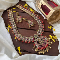 Precious Lakshmi Long Neckpiece-Coral-Gold Beads-G14125