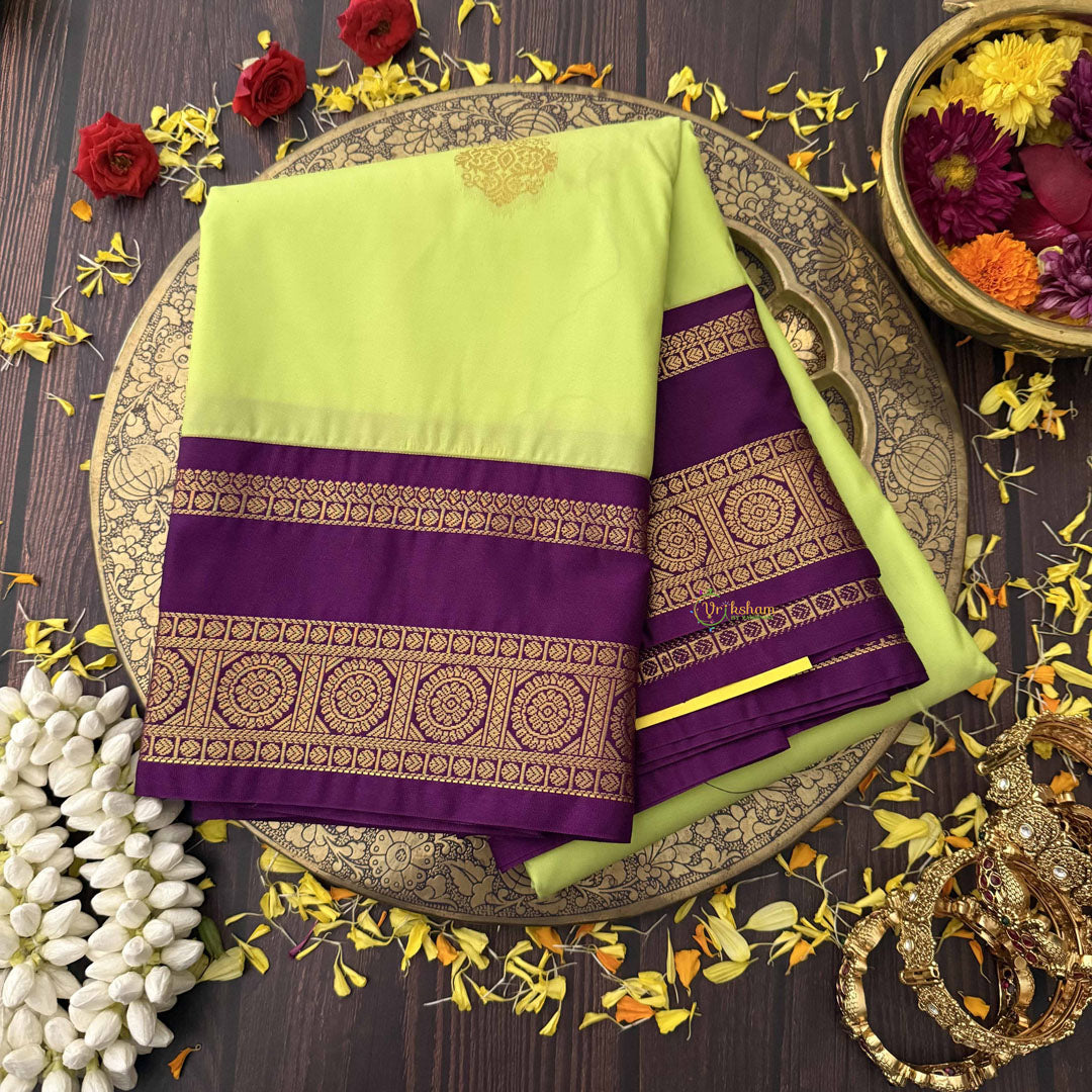 Vriksham Lime Green With Purple Double Border & Circular Zari Motifs Kanchi Silk Saree-VS4785