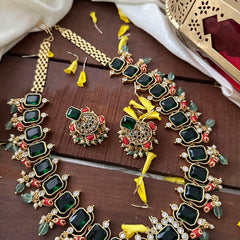 Green AD Stone Long Neckpiece-Coral-Aqua Green Beads-Pearls-G14115